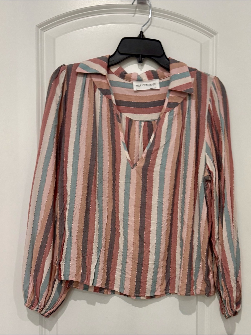 Self Contrast Pink Multi-Stripe Collared Long-Sleeve Blouse